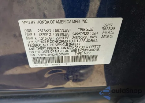 2017 Acura Mdx Technology Package z USA, uszkodzony, nr VIN 5J8YD4H52HL006960